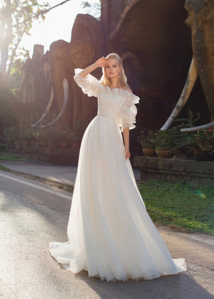 Off Shoulder Ivory Polka Dots Tulle Modern Wedding Dress